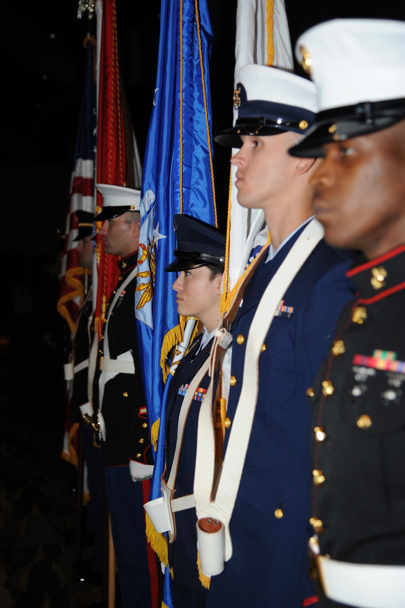 Members representing each branch of the military prepare to post the colors during the 34th Annual Salute To The Military Oct. 23, 2012, at the Mississippi Coast Coliseum in Biloxi, Miss.  (U.S. Air Force photo by Kemberly Groue)