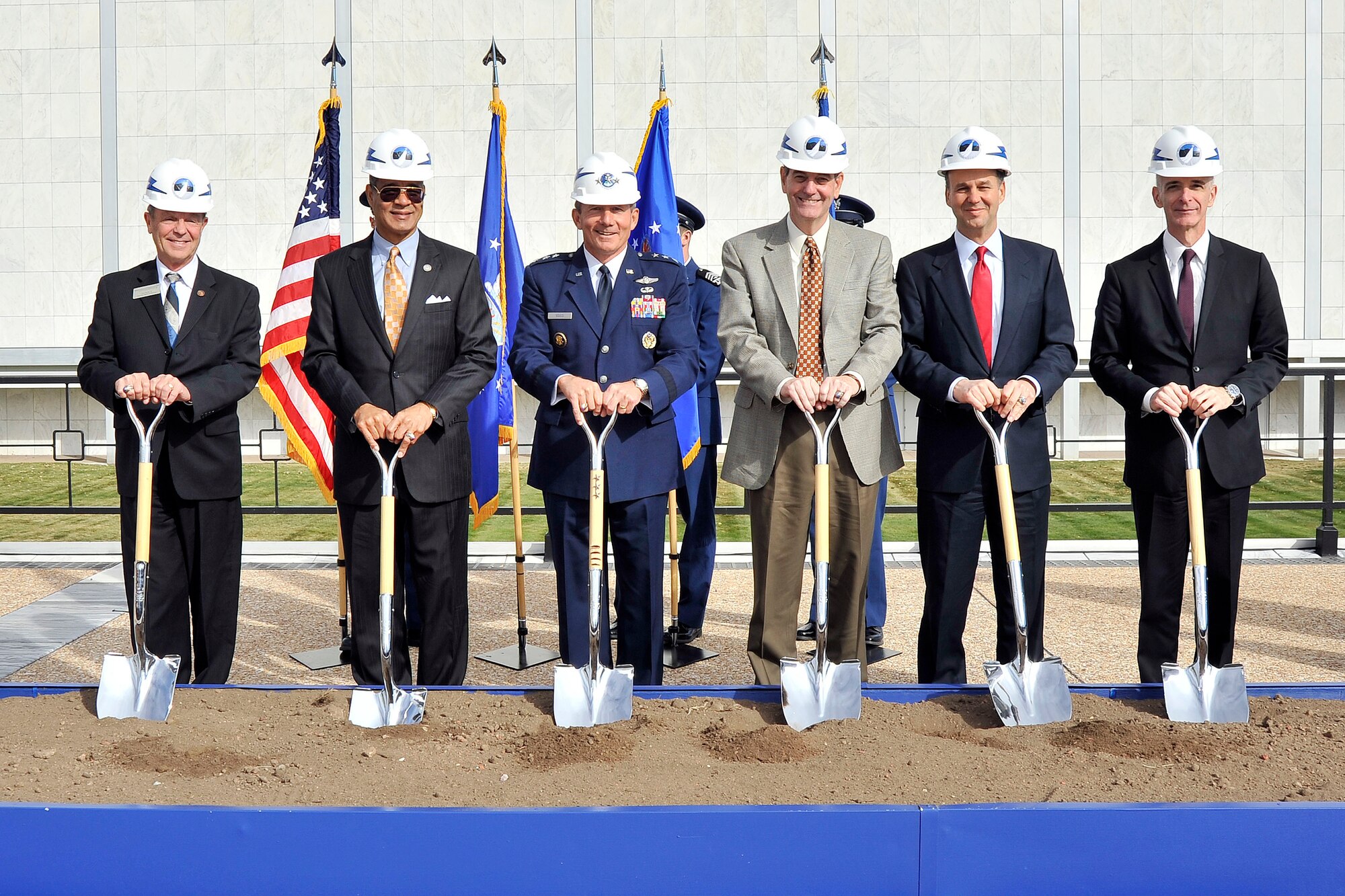 Air Force Academy officials break ground for the Center for Character and Leadership Development facility Oct. 19, 2012. The new, $40 million facility will be located between Arnold Hall and the Cadet Chapel. Construction is projected to take 22 months. (U.S. Air Force photo/Liz Copan)
