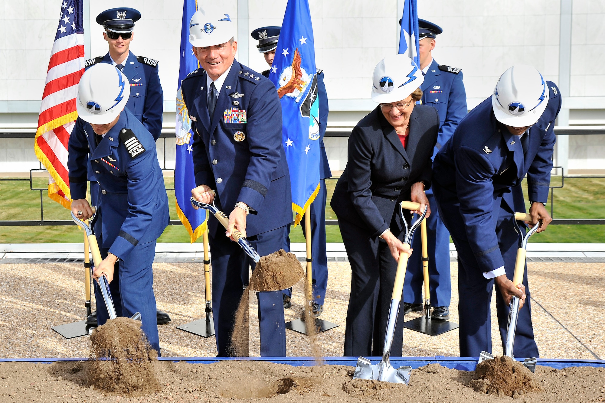 Air Force Academy officials break ground for the Center for Character and Leadership Development facility Oct. 19, 2012. The new, $40 million facility will be located between Arnold Hall and the Cadet Chapel. Construction is projected to take 22 months. (U.S. Air Force photo/Liz Copan)