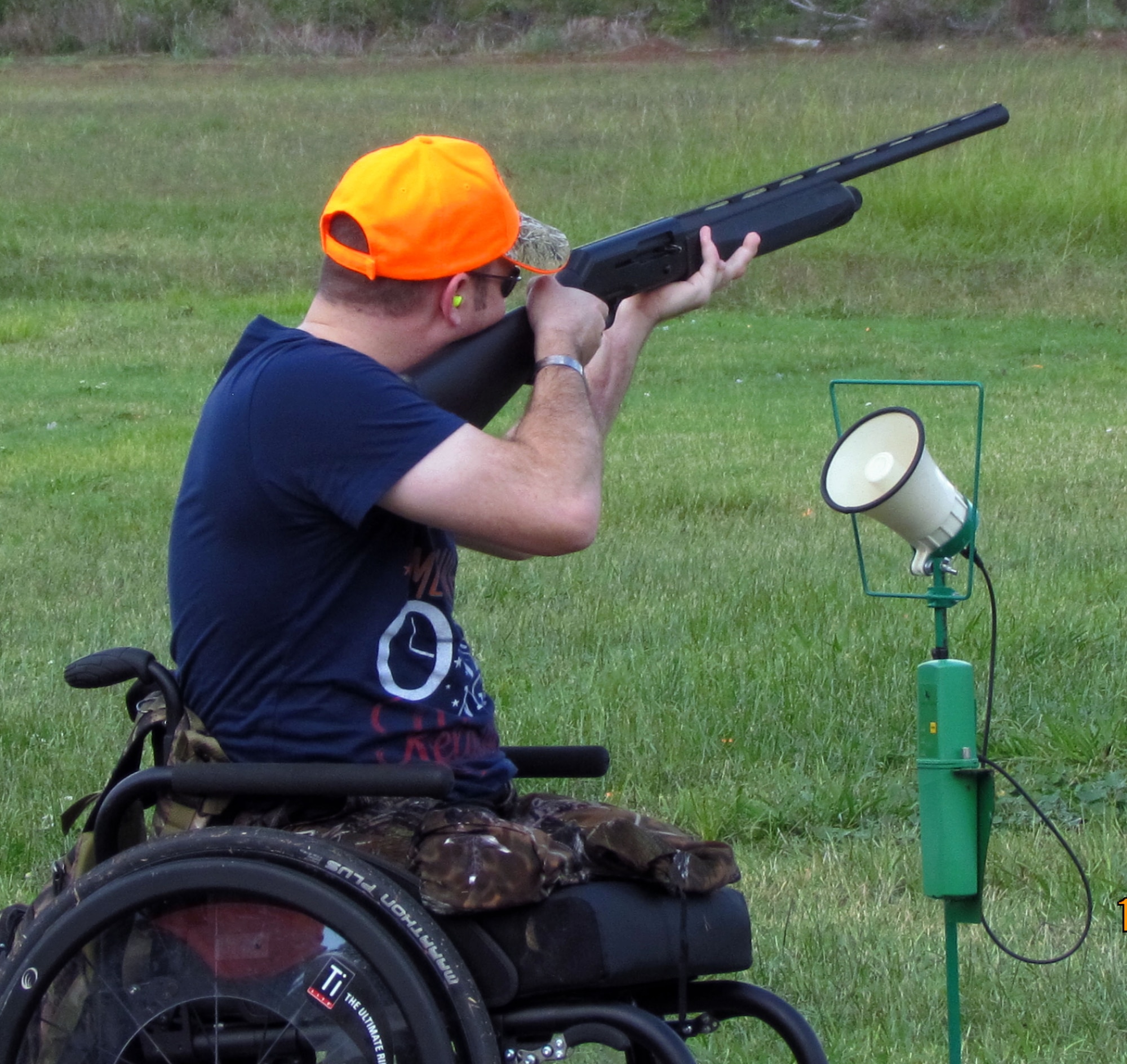 Aaron Causey, wounded warrior, shoots sporting clays on Barksdale's East Reservation during the first ever Wounded Warrior Hunt on Barksdale Air Force Base, La., Oct. 14. The event took place Oct. 12-15, and provided the attendees a chance to unwind away from the pressures of doctors, hospitals and appointments. (Courtesy photo)

