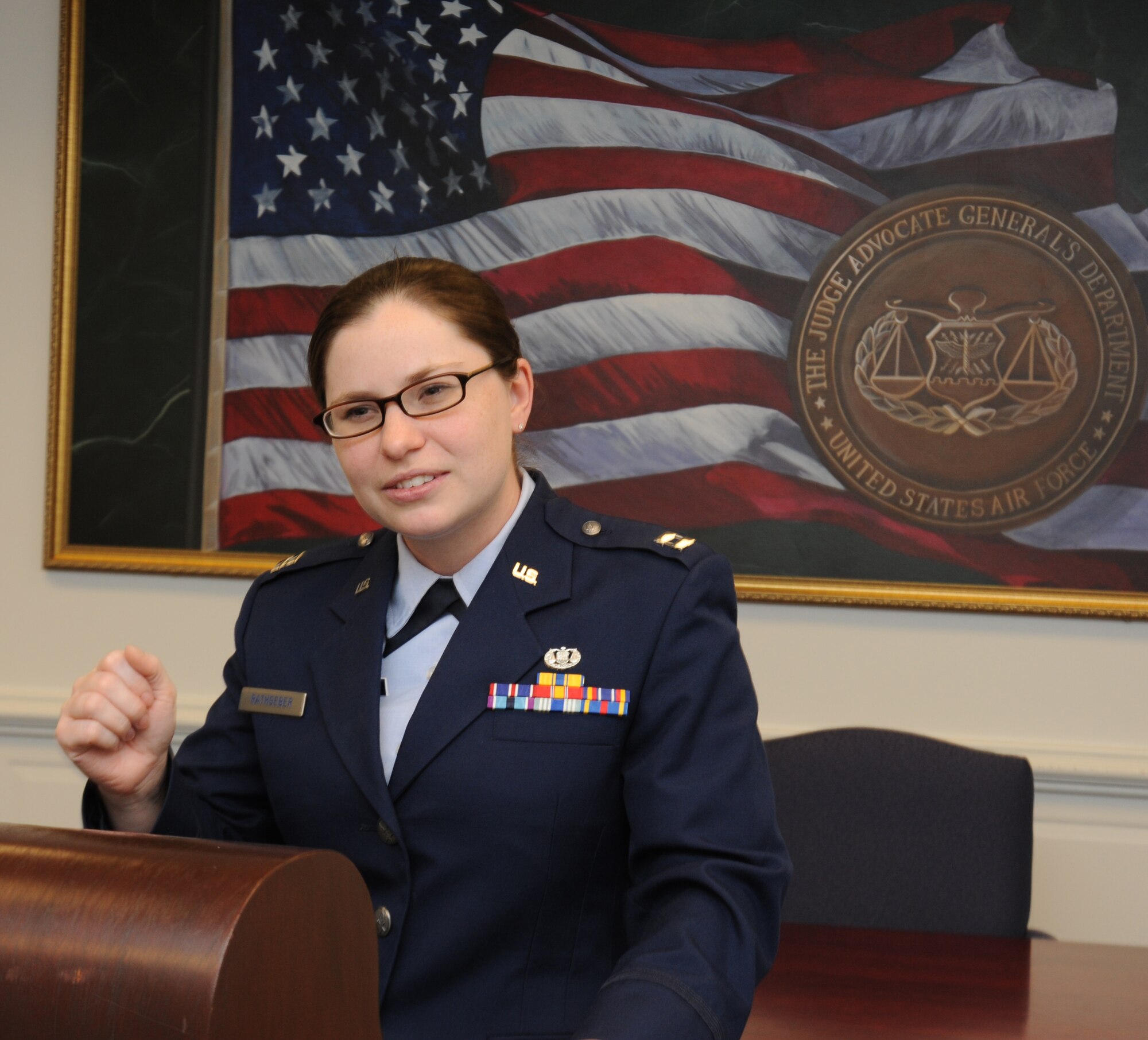 Capt. Sara Rathgeber, 81st Training Wing Judge Advocate chief of military justice, presents closing remarks in the court room located in the Sablich Center, Oct. 22, 2012, at Keesler Air Force Base, Miss. Closing remarks are presented to the jury or judge of a court martial from the trial and defense councils as a summary of events of why a person is guilty or not guilty.  (U.S. Air Force photo by Staff Sgt. Eric Summers Jr.)
