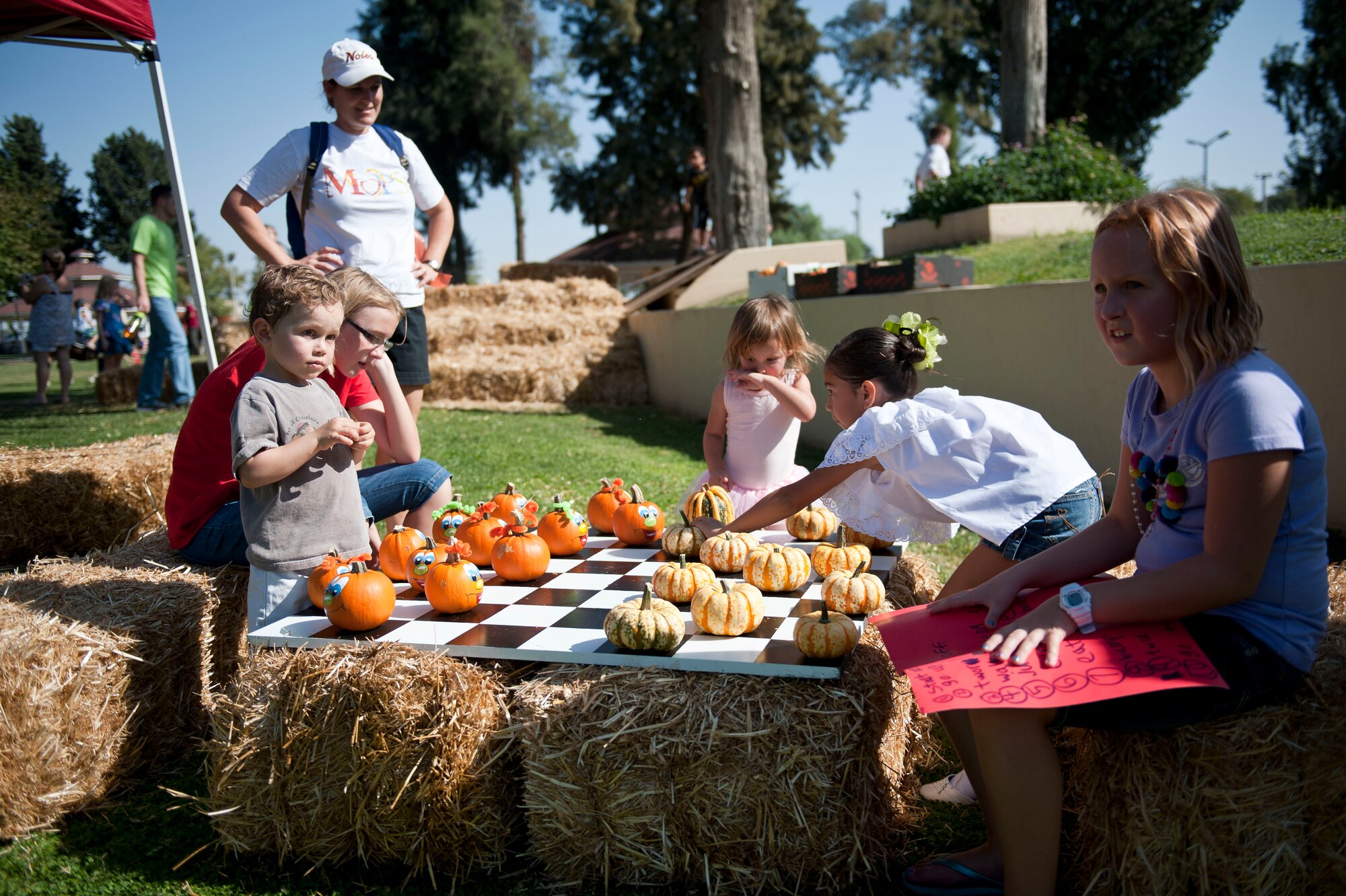 Children play a game of checkers during Fall Fest Oct. 20, 2012, at Incirlik Air Base, Turkey. Fall Fest took place in Arkadas Park with food booths, activities, and several contests throughout the day. (U.S. Air Force photo by Senior Airman Clayton Lenhardt/Released)