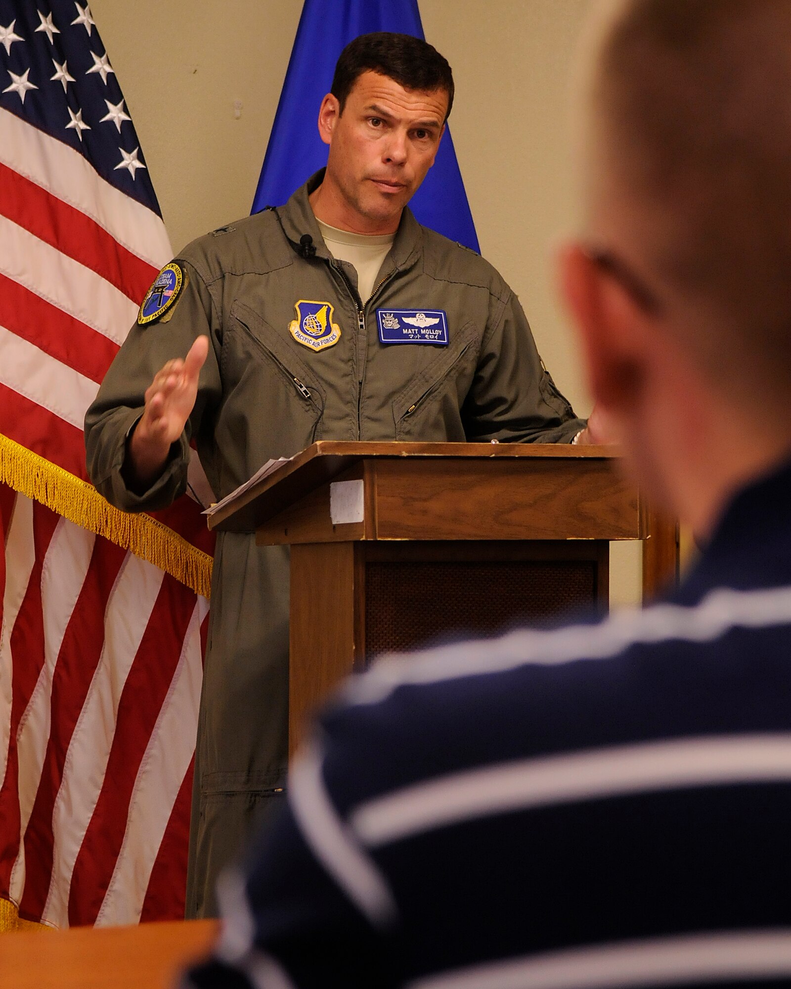 KADENA AIR BASE, Japan -- U.S. Air Force Brig. Gen. Matt Molloy, 18th Wing commander, answers questions from a mock media panel during a Pacific Air Forces readiness inspection at Kadena Air Base, Japan, Oct. 24, 2012. The general conducted a mock press conference with media role players to discuss 18th Wing’s actions during a simulated contingency response exercise. (U.S. Air Force photo/Staff Sgt. Laszlo Babocsi)