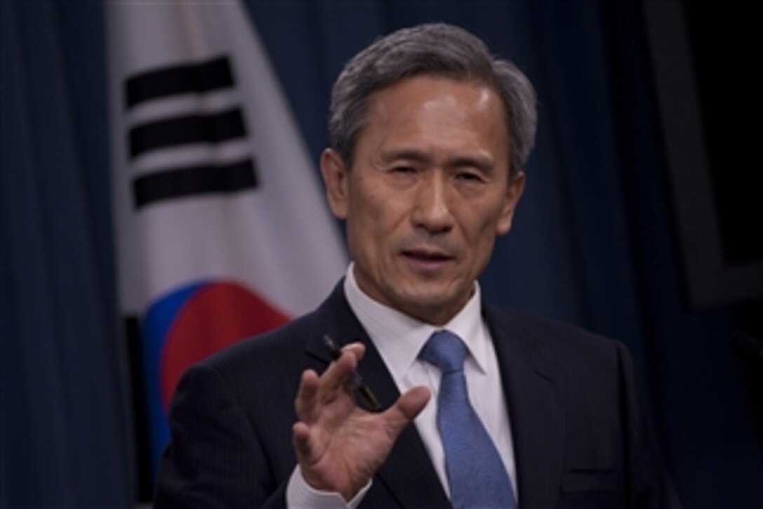 South Korea's Minister of National Defense Kim Kwan-jin makes a point during a joint press conference with Secretary of Defense Leon E. Panetta in the Pentagon on Oct. 24, 2012.  Panetta and Kim, along with their senior advisors and foreign affairs officials, met earlier for the 44th U.S.-Republic of Korea Security Consultative Meeting.  