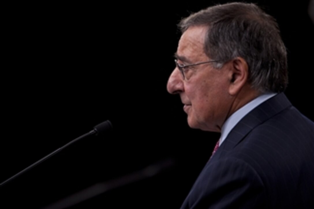 Secretary of Defense Leon E. Panetta answers a reporter's question during a joint press conference with South Korea's Minister of National Defense Kim Kwan-jin in the Pentagon on Oct. 24, 2012.  Panetta and Kim, along with their senior advisors and foreign affairs officials, met earlier for the 44th U.S.-Republic of Korea Security Consultative Meeting.  