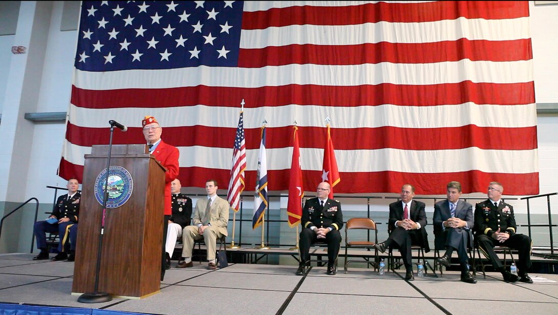 Retired Marine Chief Warrant Officer 4 Hershel “Woody” Williams speaks at the dedication that gave his name to a $25 million West Virginia National Guard training facility Oct. 18 in Fairmont, W.Va. Williams earned the Medal of Honor while fighting on Iwo Jima as a part of the Marine Corps Reserve in 1945. Other speakers at the event included Marine Maj. Gen. Paul Brier, vice commander for Marine Forces Command and Earl Ray Tomblin, governor of West Virginia. (U.S. Marine Corps photo by Cpl. Michael Ito/Released)