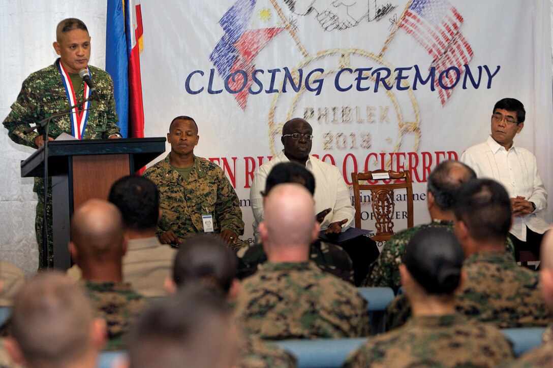 Armed forces of the Philippines Maj. Gen. Rustico O. Guerrero gives his remarks as the keynote speaker at the closing ceremony for Amphibious Landing Exercise 2013 at Subic Bay International Airport, Olongapo City, Zambales, Republic of the Philippines, Oct. 18. PHIBLEX 2013 is a bilateral training exercise conducted annually in the Republic of the Philippines designed to strengthen interoperability of the two nations' forces while providing benefits for the local communities. Guerrero is the commandant of the Philippine Marine Corps. 