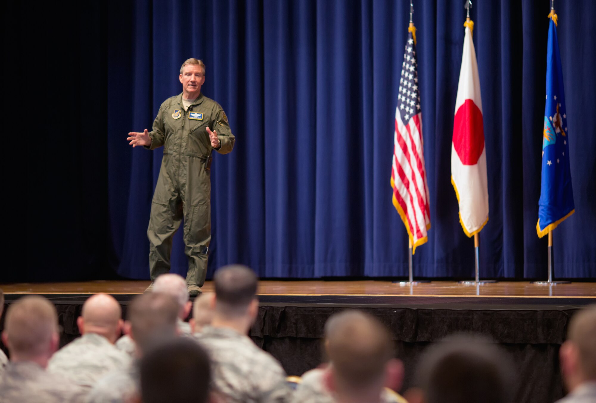 YOKOTA AIR BASE, Japan -- Gen. Herbert J. "Hawk" Carlisle, Pacific Air Forces commander, addresses Yokota Airmen during an all call, Oct. 24, 2012, at Yokota Air Base, Japan. During his speech, Carlisle emphasized the following to Airmen: "Our job in life is to fight and win our nation's wars." (U.S. Air Force photo by Osakabe Yasuo)