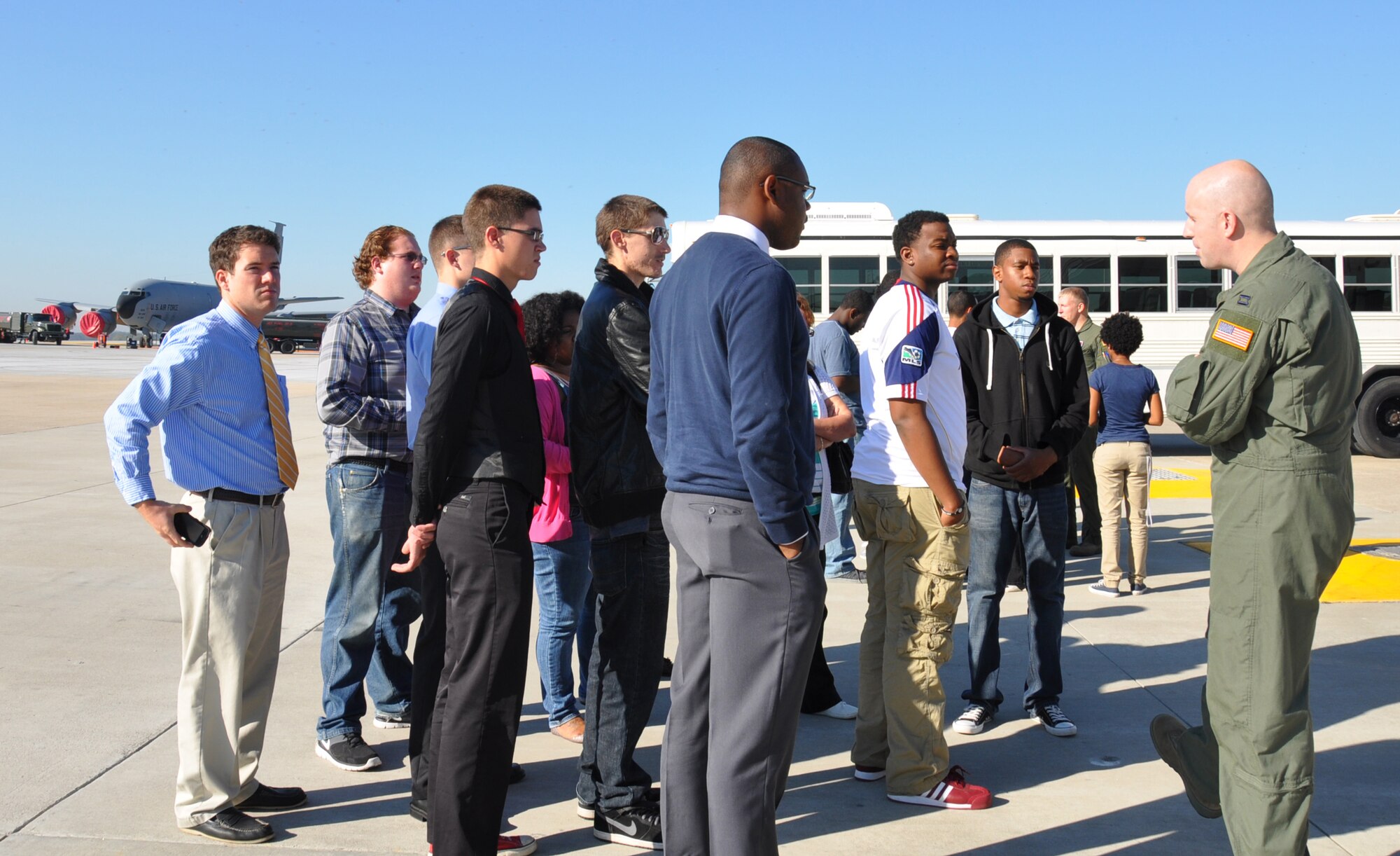 Aviaton undergraduate students from Elizabeth City State University talk with a pilot from the 916th Air Refueling Wing on the ramp at Seymour Johnson Air Force Base. Nearly 50 educators and students from the program toured the Air Force Reserve wing on Oct. 25, 2012. (USAF photo by Ms. Donna Lea, 916ARW/PA)