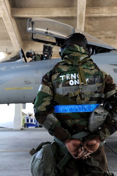 U.S. Air Force Airman 1st Class Najee Jarrett, 18th Aircraft Maintenance Squadron maintainer, stands by while U.S. Air Force Capt. Tyler Marsh, 44th Fighter Squadron fighter pilot prepares for flight during Exercise Beverly Bearcat 12-1, a Pacific Air Forces readiness inspection, on Kadena Air Base, Japan, Oct. 25, 2012. The 18th AMXS maintains and helps generate aircraft, allowing the U.S. Air Force F-15 Eagle fighter jets to deploy at a moment’s notice. (U.S. Air Force photo/Airman 1st Class Brooke P. Beers) 
