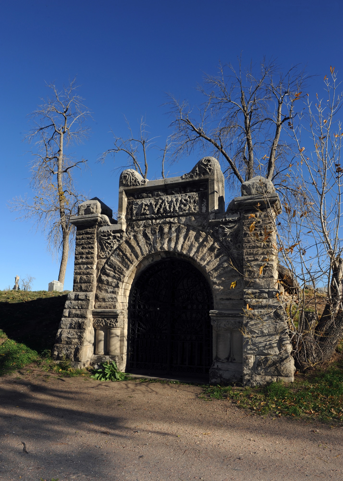 Denver – The mysterious Evans crypt rests on a hillside Oct 18, 2012, at the Riverside Cemetery. Though the gates are locked, one can still peer into the crypt. The Evans crypt is part of the Riverside Cemetery Moonlight Mystery & History Tour. (U.S. Air Force photo by Senior Airman Marcy Glass)