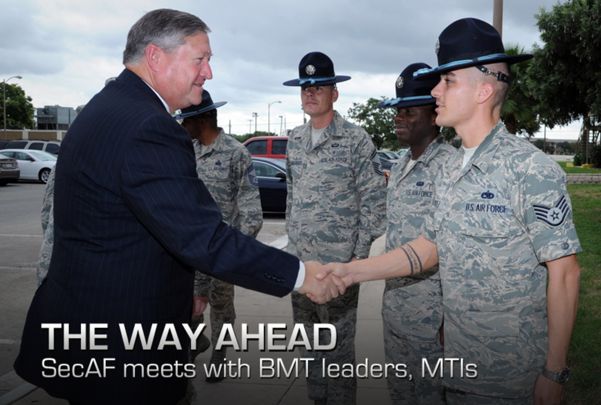 Secretary of the Air Force Michael Donley greets military training instructors as he arrives at the 737th Training Group to meet with basic military training leadership Oct. 23, 2012, at Joint Base San Antonio-Lackland, Texas. Donley met with MTIs for an hour-long feedback session in which they discussed current challenges and the way ahead. (U.S. Air Force photo/Rich McFadden)
