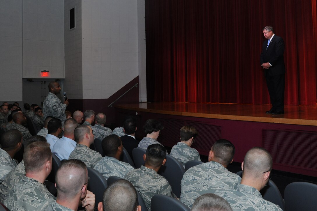 Secretary of the Air Force Michael Donley fields questions from military training instructors during an hour-long feedback session that covered corrective actions and the future of basic military training.  (U.S. Air Force photo by Rich McFadden)