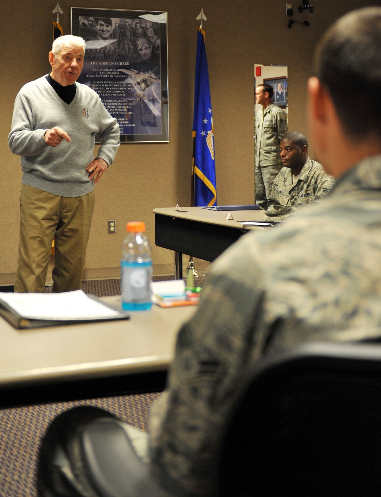 Retired Chief Master Sgt. of the Air Force Robert D. Gaylor, speaks to First Term Airmen during his two-day visit to Whiteman Air Force Base, Mo., Oct. 18. Gaylor spoke to Airmen about the importance of using their time wisely, keeping an open mind and getting involved in the community. (U.S. Air Force photo/Heidi Hunt) (Released)