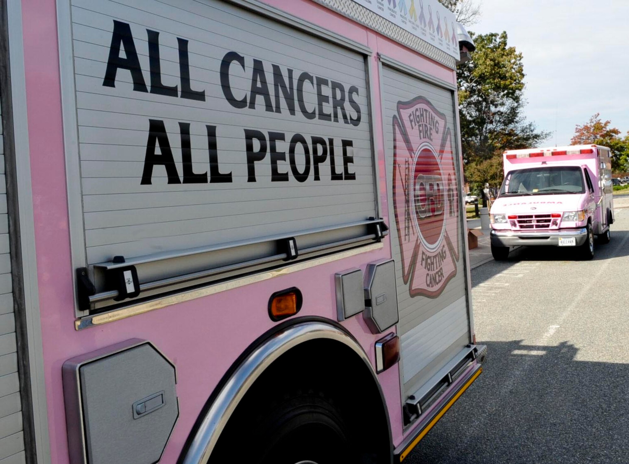 A pink fire truck and ambulance from the Chesapeake fire department sit parked in front of the Fort Eustis commissary, Oct. 24, 2012. The two vehicles were on post to help bring awareness to breast cancer. (U.S. Air Force photo by Staff Sgt. Wesley Farnsworth / Released)