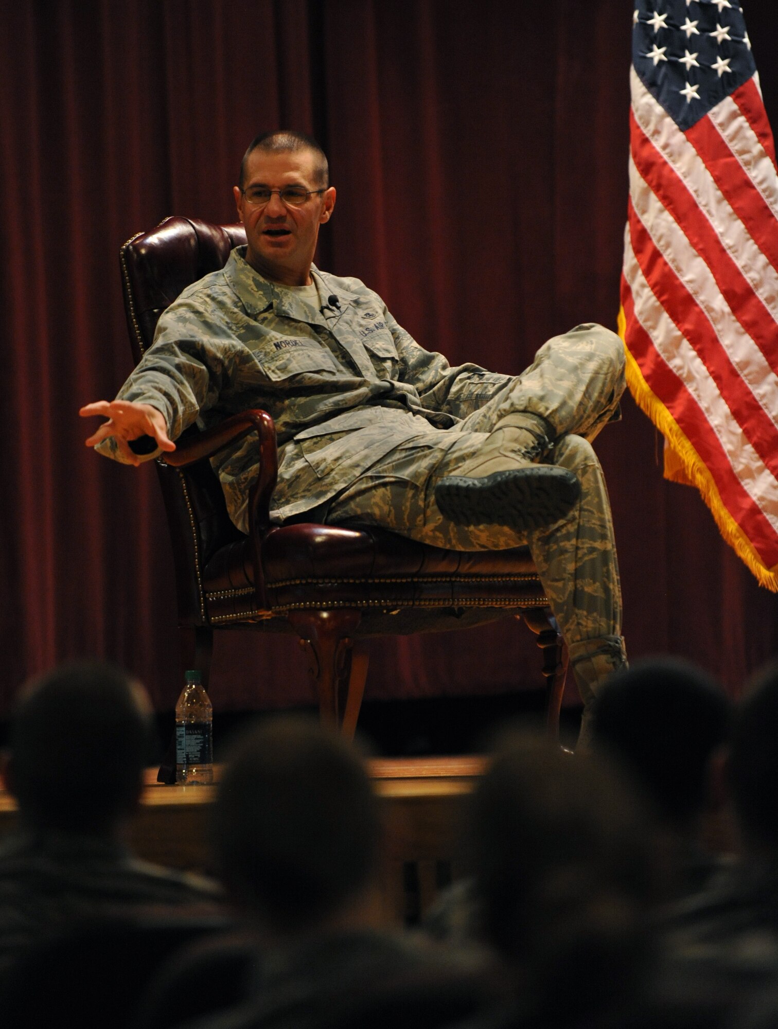 MINOT AIR FORCE BASE, N.D. -- Chief Master Sgt. David R. Nordel, 20th Air Force Command Chief, addresses Airmen regarding the importance of maintaining good morale here and looking out for one another like brother and sister, Oct. 18. (U.S. Air Force photo/Senior Airman Jose L. Hernandez)