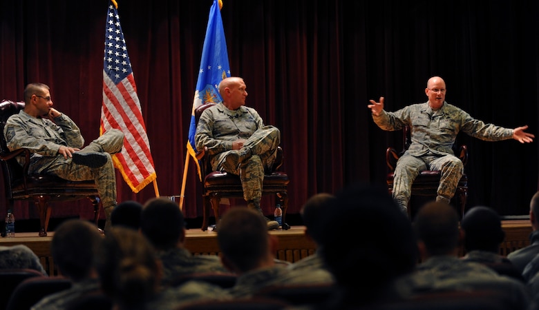 MINOT AIR FORCE BASE, N.D. -- The Air Force's top nuclear enterprise command chiefs speak to Team Minot Airmen during a forum held at the base theater, Oct. 18. The open dialogue gave Airmen the opportunity to communicate any issues to them. (U.S. Air Force photo/Senior Airman Jose L. Hernandez)