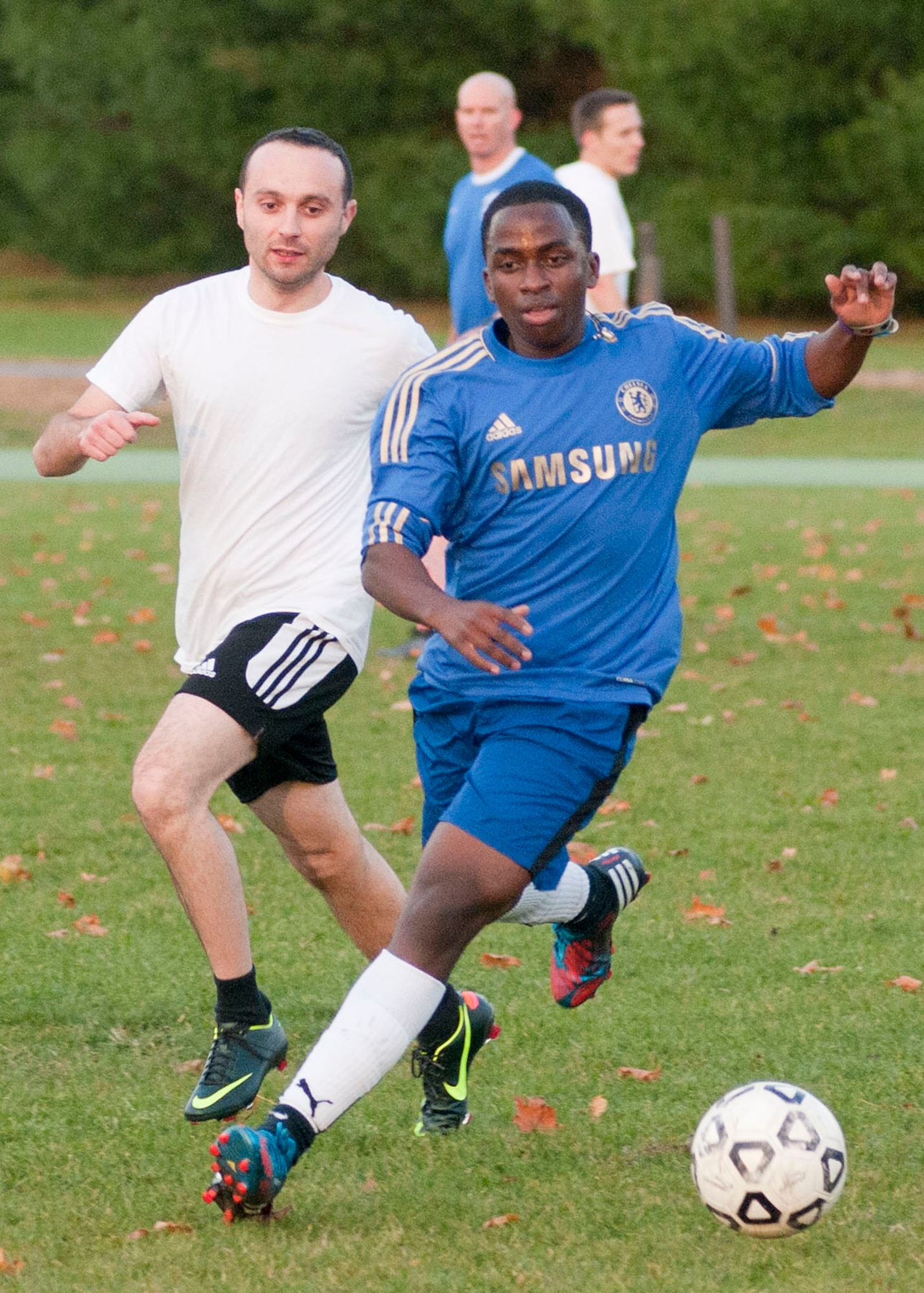 HANSCOM AIR FORCE BASE, Mass. -- Airman 1st Class Isaac Koech, 66th Medical Squadron, dribbles the soccer ball up field during the intramural soccer championship game Oct. 23 against MIT Lincoln Lab. MDS won 2 to 0 to take home the intramural championship. (U.S. Air Force photo by Mark Wyatt)