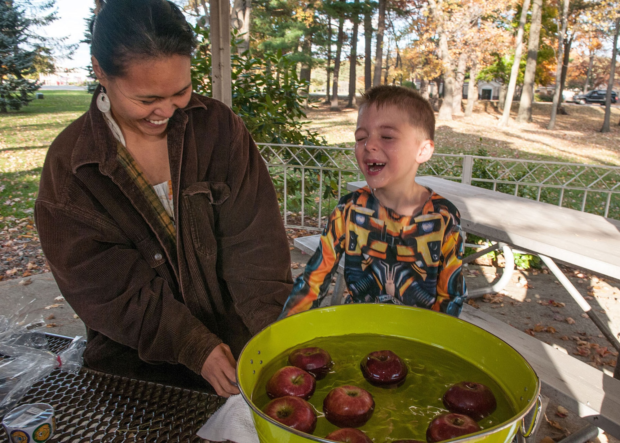 HANSCOM AIR FORCE BASE, Mass. - Nathan Carpenter comes up for air after bobbing for apples during the Trunk or Treat and Fall Festival at the base chapel Oct. 21. Attendees enjoyed food, games, a bouncy house, face painting, a cake walk, costume contest and more. (U.S. Air Force photo by Rick Berry)