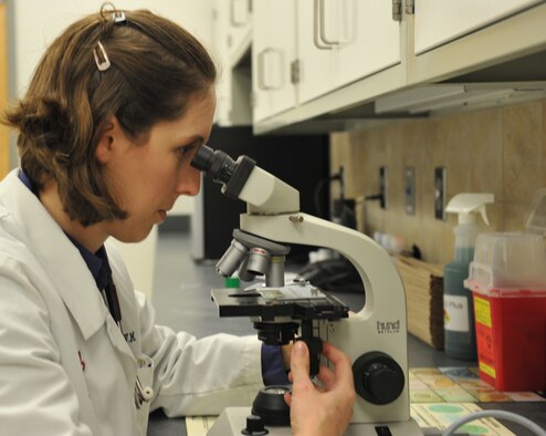 Dr. Joanna Kuecker, U.S. Army Public Health Command District-Carson veterinarian, exams a specimen sample in a microscope during her shift Oct. 17 at Whiteman Air Force Base, Mo. The Whiteman Veterinary Clinic is available to eligible military ID card holders and is open 8:30 a.m. to 3:30 p.m., Monday through Thursday; and 8:30 a.m. to 3 p.m., Friday (U.S. Air Force photo/Heidi Hunt) (Released)