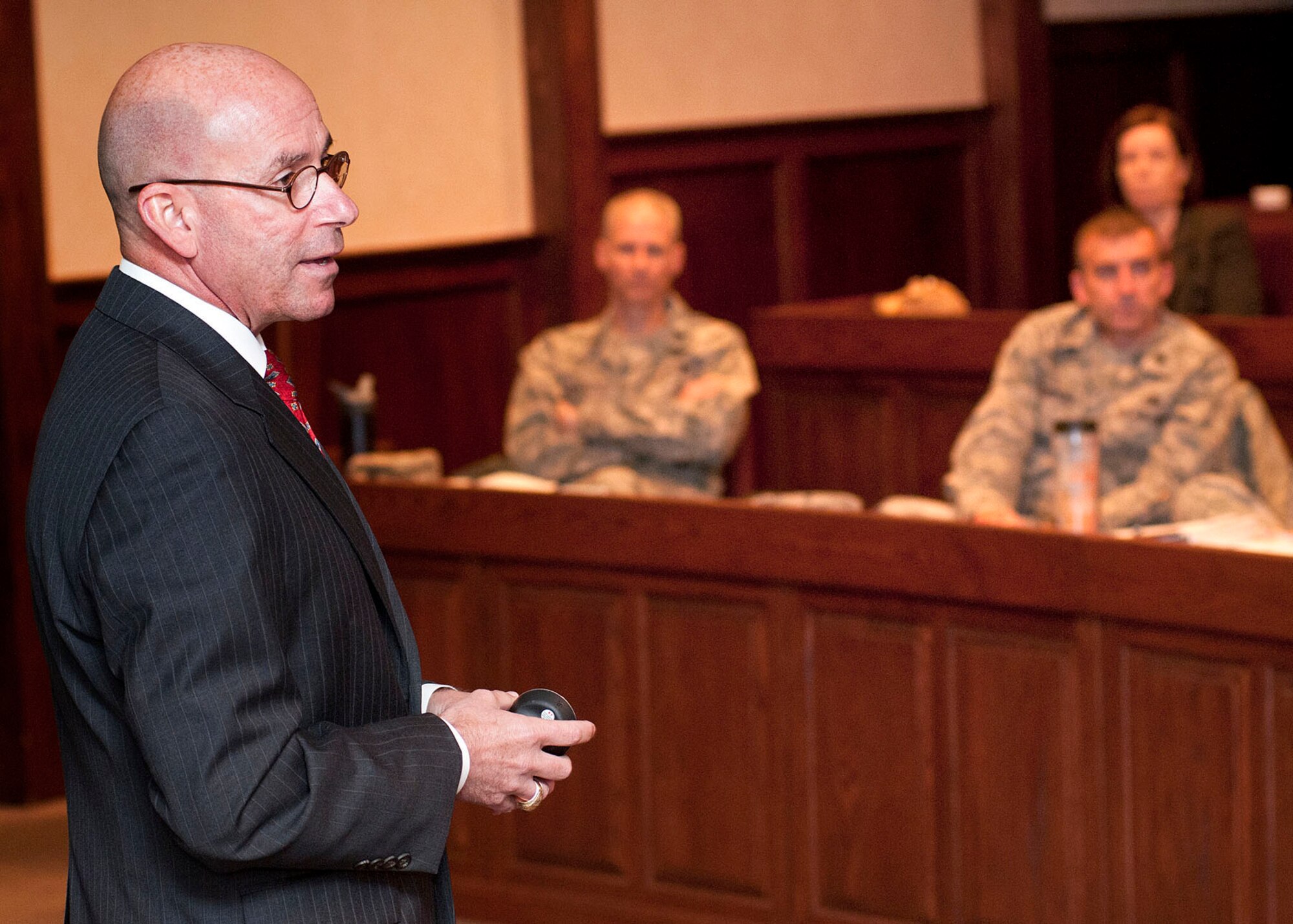 HANSCOM AIR FORCE BASE, Mass. -- Retired Col. Dan Koslov presents tips to base personnel during a workshop on "Marketing Yourself for a Second Career" Oct. 17 at the Hanscom Conference Center. The Airman and Family Readiness Center hosted annual the lecture. This will be the last transition presentation by Koslov at Hanscom. (U.S. Air Force photo by Mark Wyatt)