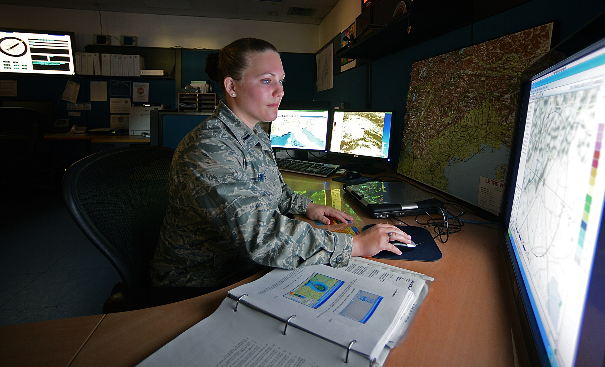 A Doppler radar scan is conducted by 1st Lt. Lauren Hogg, 31st Operations Support Squadron weather officer, after the Portable Doppler Radar installation is complete on Aviano Air Base Oct. 25, 2012.  The new Portable Doppler Radar system replaces the Tactical Weather System, and provides improved weather-reading capability, less maintenance, and a networking capability with higher headquarters.(U.S. Air Force photo by Staff Sgt. Ryan Whitney)