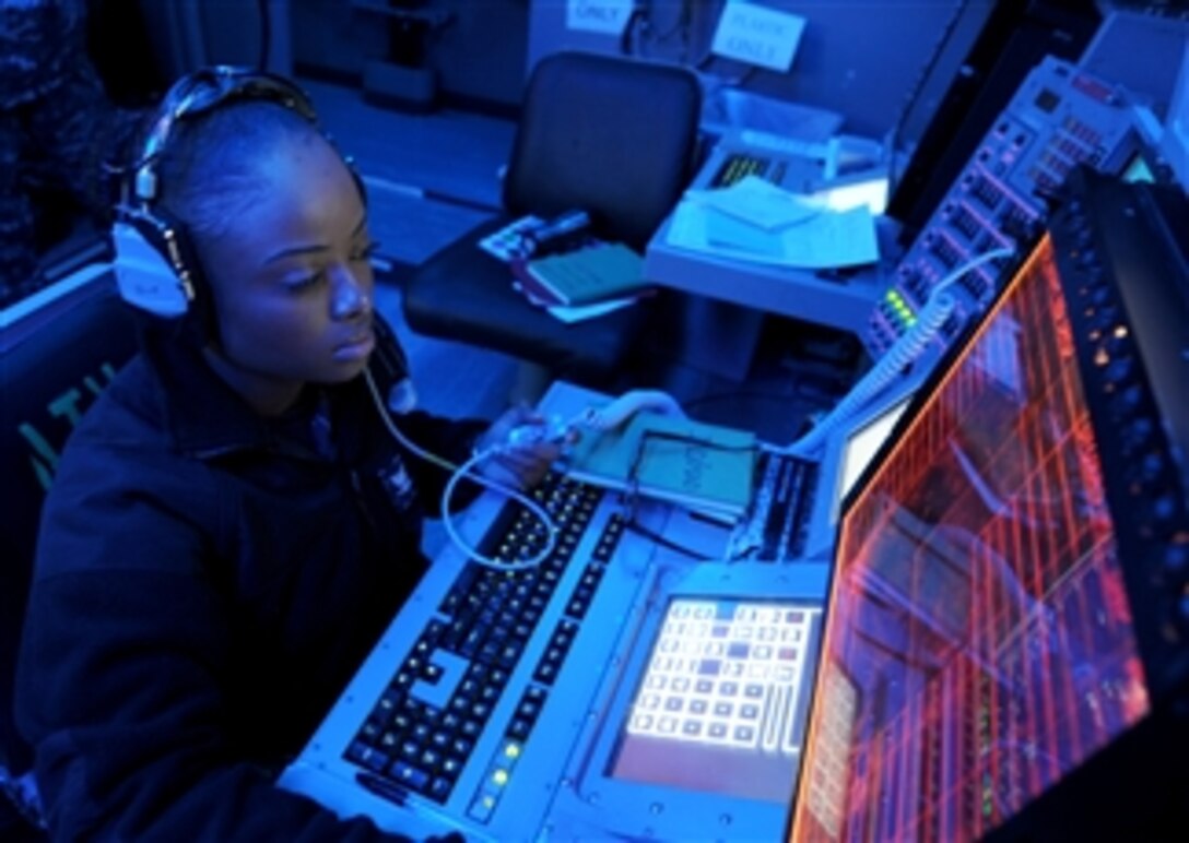 U.S. Navy Petty Officer 3rd Class Monique Diles monitors a ship self-defense system console aboard the aircraft carrier USS Nimitz (CVN 68) as the ship operates in the Pacific Ocean on Oct. 20, 2012.  Nimitz is underway to participate in a Composite Training Unit Exercise.  