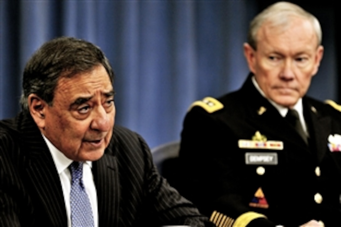 Defense Secretary Leon E. Panetta and Army Gen. Martin E. Dempsey, chairman of the Joint Chiefs of Staff, brief the media at the Pentagon, Oct. 25, 2012. 