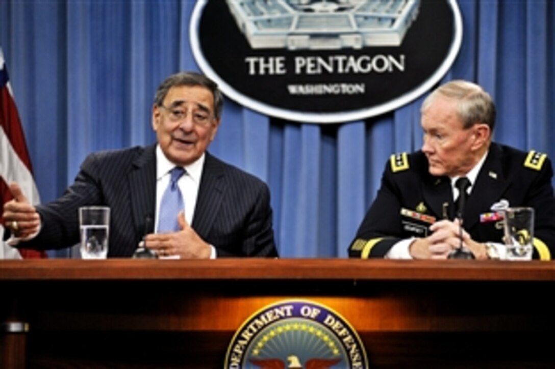 Defense Secretary Leon E. Panetta and Army Gen. Martin E. Dempsey, chairman of the Joint Chiefs of Staff, brief the media at the Pentagon, Oct. 25, 2012.
