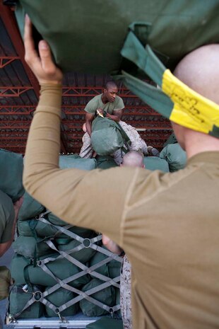 U.S. Marine Corps Lance Cpl. Michael Garner, Headquarters Company, Regimental Combat Team 7 (RCT-7), loads gear onto pallets prior to proceeding to Afghanistan at Manas Air Base, Chuy province, Kyrgyzstan, Oct. 13, 2012. RCT-7 staged a few days on Manas Air Base before continuing on to their final destination in Afghanistan for a yearlong deployment. (U.S. Marine Corps photo by Cpl. Alejandro Pena/Released)