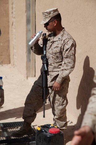 U.S. Marine Corps Sgt. Raynaldo Escobido, Headquarters Company, Regimental Combat Team 7, smells a bottle of aluminum oxide powder during a class on homemade explosives as part of counter improvised explosive device (IED) training at Camp Leatherneck, Helmand province, Afghanistan, Oct. 15, 2012. The counter IED training familiarized the Marines with fundamentals to include: unexploded ordnance recognition, enemy tactics, homemade explosives, threat detection, ground signs awareness, and downed vehicle procedures. (U.S. Marine Corps photo by Cpl. Alejandro Pena/Released)