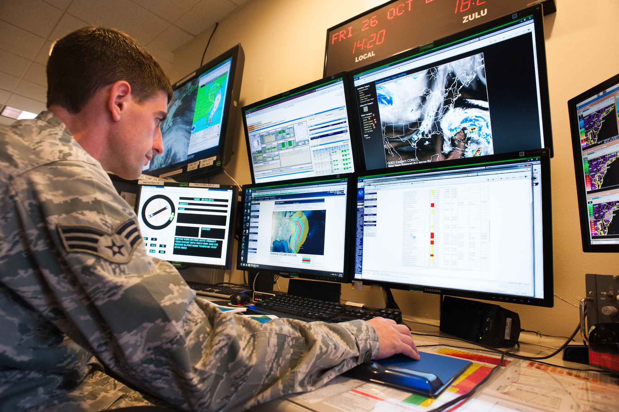 Senior Airman Zachary Matuscin, 305th Operations Support Squadron weather
forecaster, monitors Hurricane Sandy Oct. 26 at the Weather Command Center
on Joint Base McGuire-Dix-Lakehurst, N.J. The command center collaborates with
the 15th Operational Weather Squadron at Scott Air Force Base with updates
and current conditions. They will be on a 24/7 schedule starting Sunday
morning. Matuscin hails from Oswego, Ill. (U.S. Air Force photo by Russ
Meseroll/Released)
