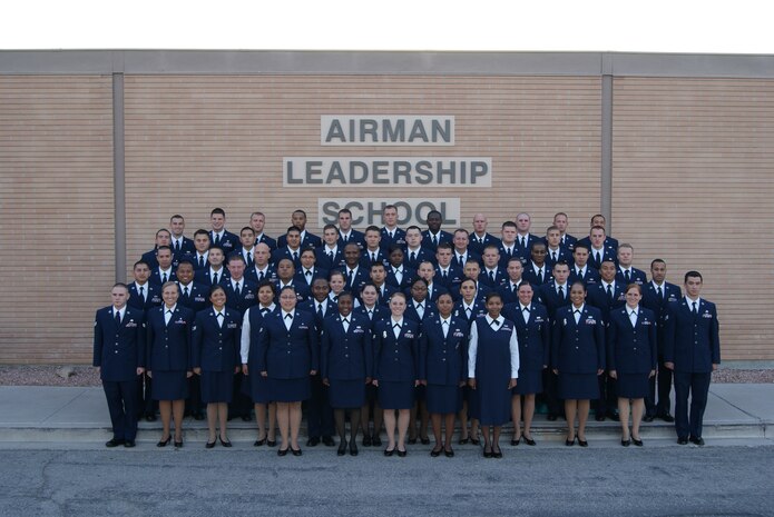 Airmen of the Airman Leadership School Class 12-G pose for a group photo Oct. 11, 2012, at Nellis Air Force Base, Nev. Sixty-four Airmen completed their first Professional Military Education milestone by graduating ALS. (Courtesy Photo)
