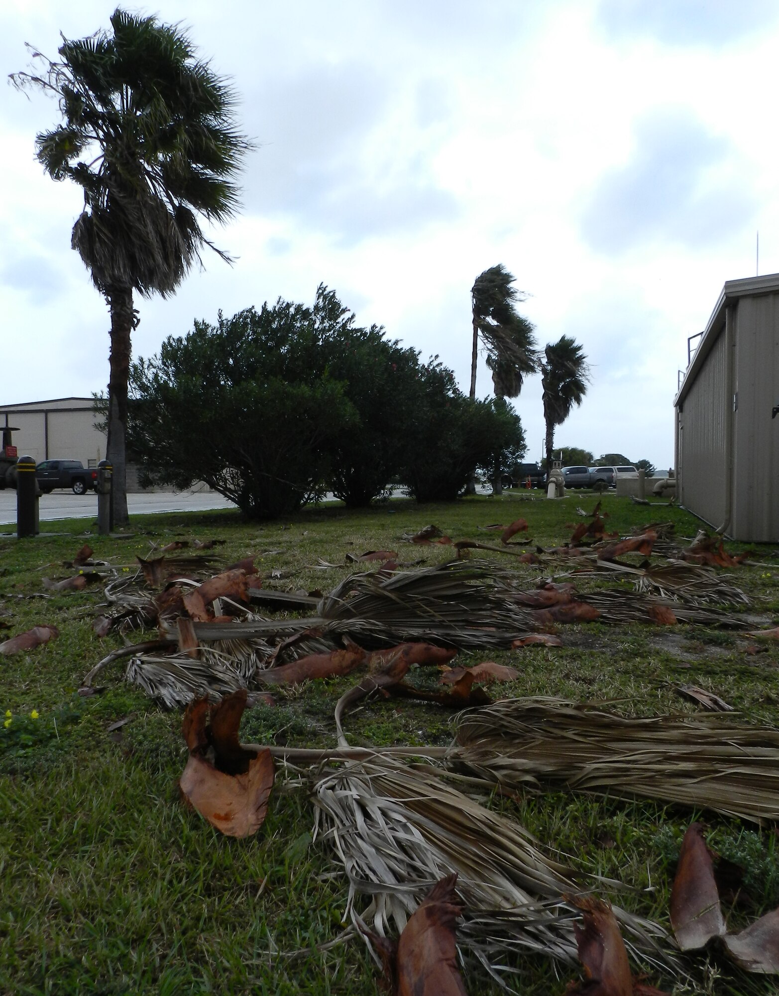 Although no flying was scheduled within the 920th RQW today, maintenance Airmen took precautions by policing light loose items in and around the maintenance hangars (shown here) and flightline, in addition to mooring down the 920th's HC-130P/N King fixed-wing aircraft down and tucking away its HH-60G Pave Hawk helciopters into an aircraft hangar. (U.S. Air Force photo/Capt. Cathleen Snow)