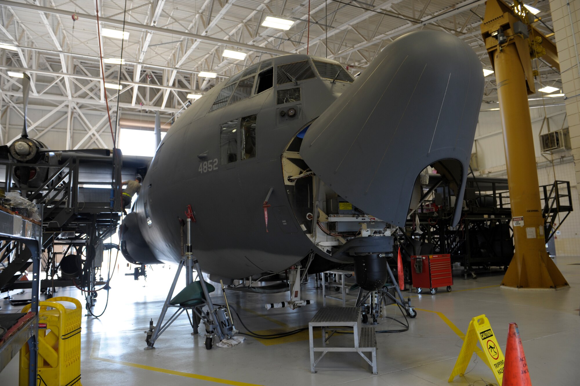 An HC-130P Combat King undergoes an isochronal inspection at the 71st Rescue Squadron aircraft hangar Oct. 25, 2012, in preparation for the upcoming Open House taking place Oct. 27-28 at Moody Air Force Base, Ga. The inspection consists of a 14-day detailed review before the plane is ready for re-launch. (U.S. Air Force photo by Senior Airman Eileen Meier/Released)