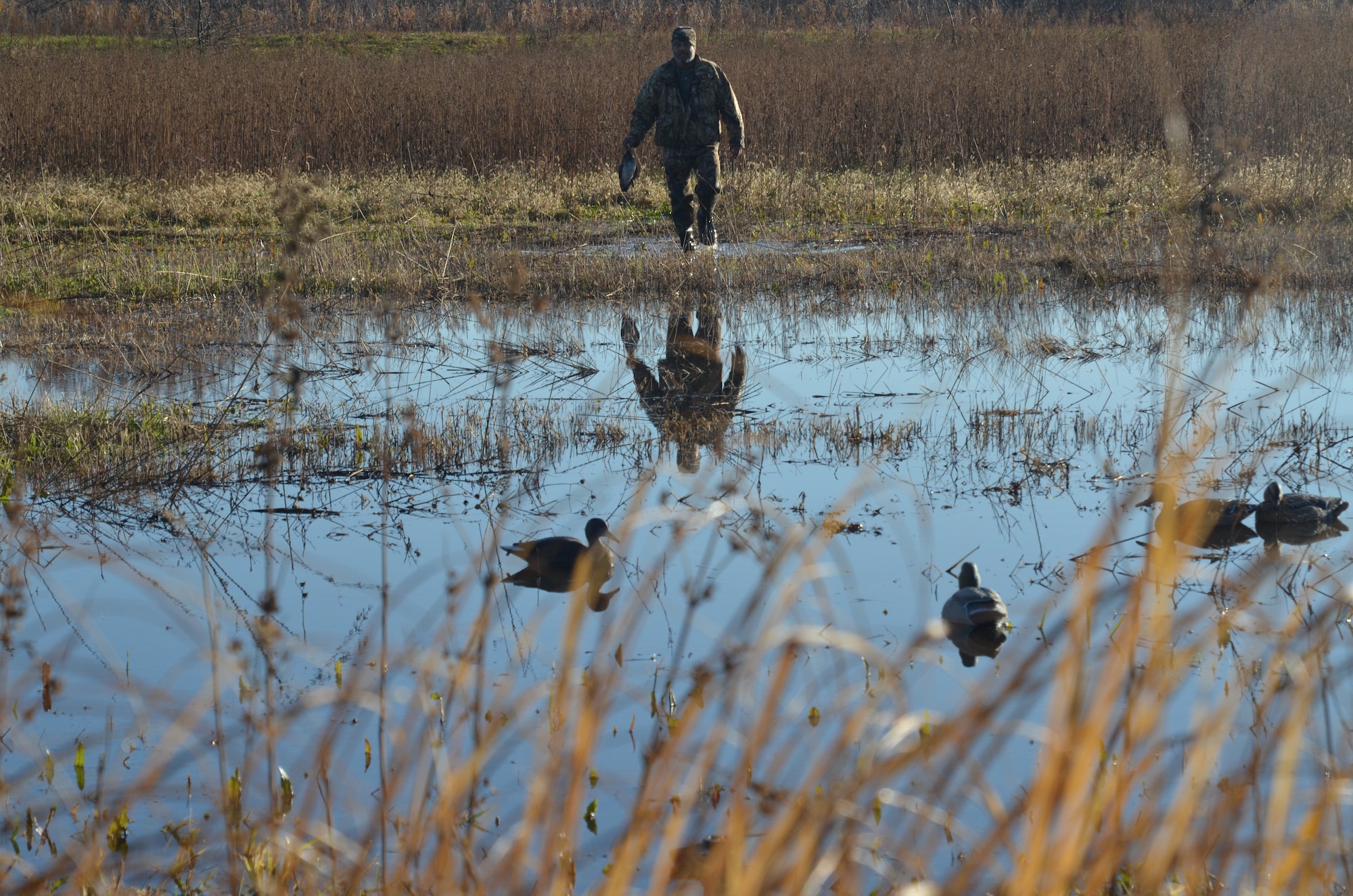 A duck hunter collects duck decoys during a youth dunk hunting clinic Oct. 21, 2012, in Bigelow, Mo. The program was held for Missouri Air National Guard families. (Courtesy Photo)