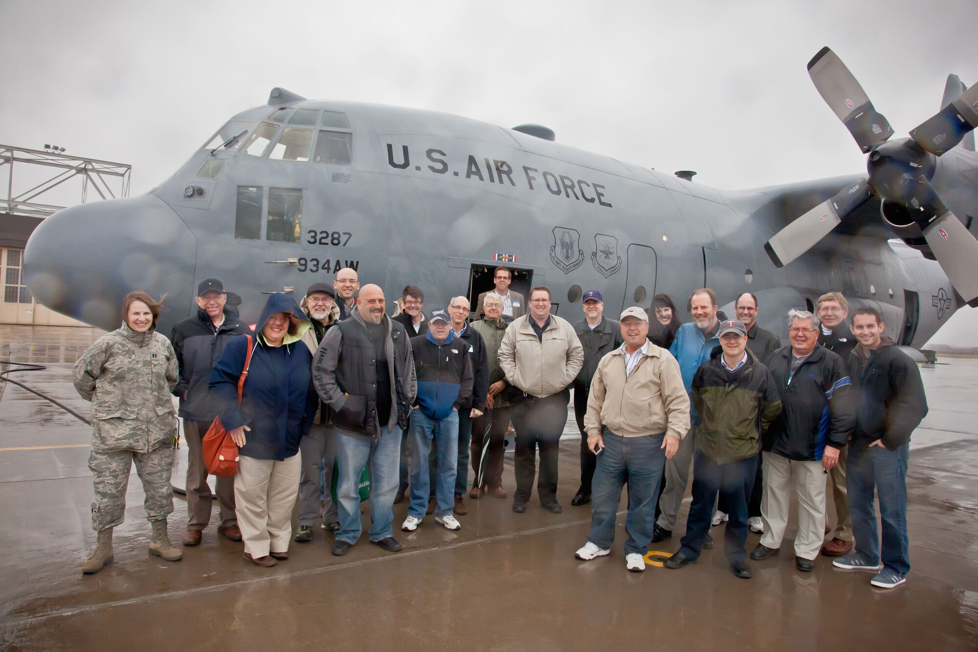 In spite of the weather, civic leaders and clergy members from the local area enjoyed an orientation flight with the 934th Airlift Wing October 25.  (U.S. Air Force Photo/Shannon McKay)