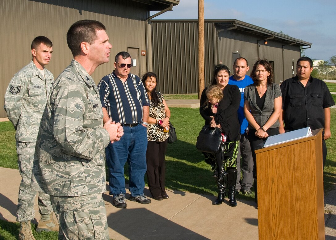 Col. David Murphy, 782nd Training Group commander, speaks to the audience during the "Palmar EOD Preliminary Schoolhouse" dedication ceremony at bldg 1719 on Sheppard training annex Oct. 26, 2012.  The schoolhouse was renamed in memory of Tech. Sgt. Rick Palmar, an EOD instructor who passed away in December, 2009. (U.S. Air Force photo/Frank Carter)