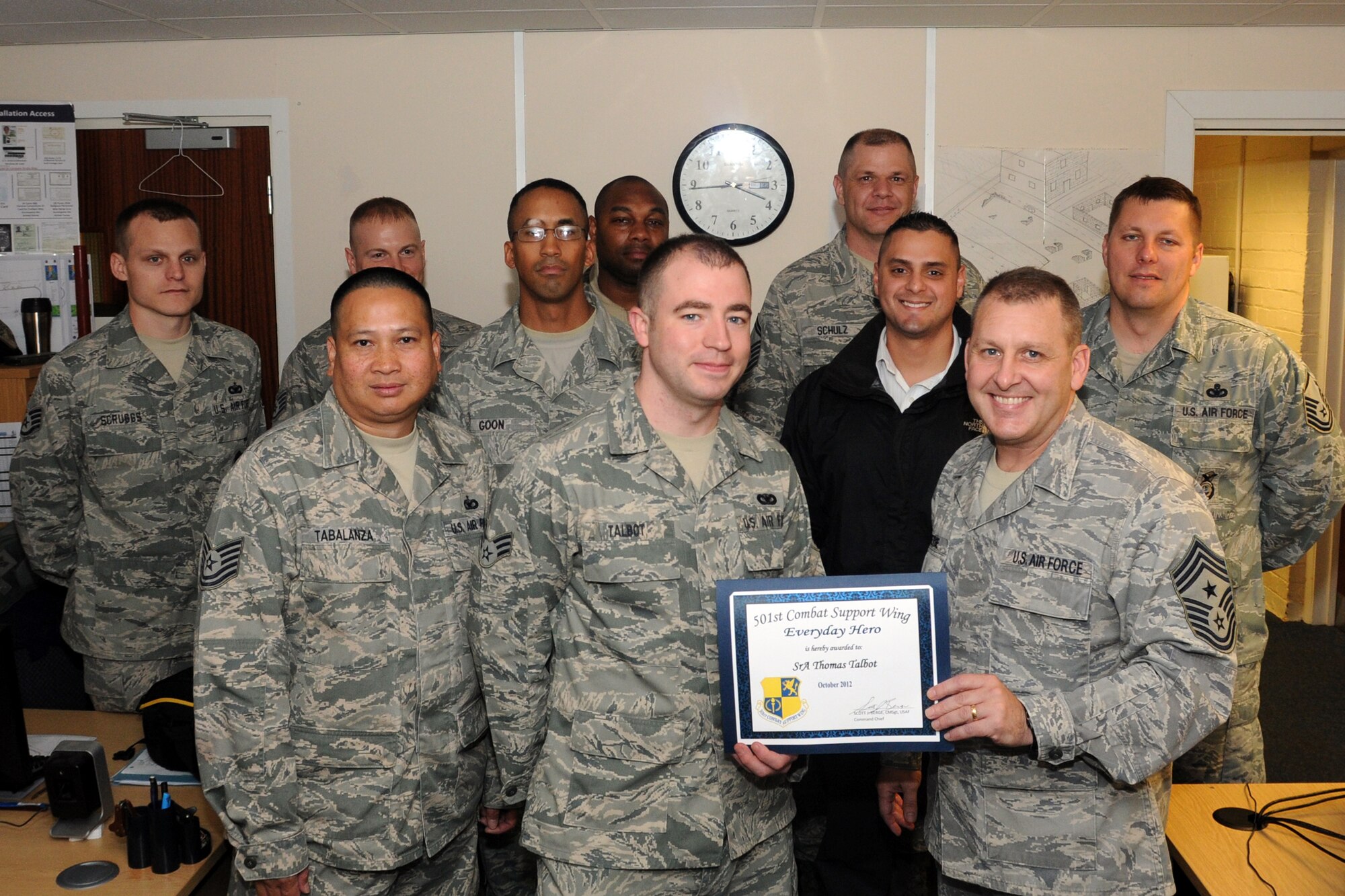 RAF CROUGHTON, United Kingdom – Senior Airman Thomas Talbot, 422nd Security Forces Squadron, was named the October 501st Combat Support Wing Everyday Hero from the 422nd Air Base Group. Talbot is the unit training monitor, unit scheduler and an instructor. His hard work and dedication ensure squadron members maintain their deployment readiness, skill level up-grades, qualification training for TASER, LIDAR and Baton use, and annual training requirements. (U.S. Air Force photo by Master Sgt. Randy Hillsgrove)