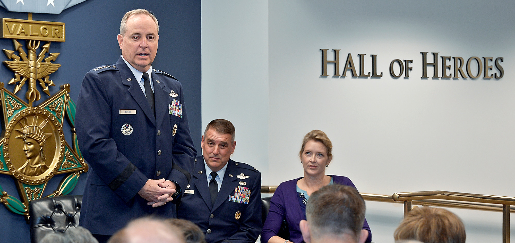 Air Force Chief of Staff Gen. Mark A. Welsh III delivers remarks for the presentation of the 2012 General Jerome F. O'Malley and Diane O'Malley Award during a ceremony at the Pentagon, Oct. 24, 2012. Col. Michael Minihan and his wife, Ashley, earned the award for their time in command at Little Rock Air Force Base, Ark. The annual award recognizes the wing commander and spouse team whose contributions to the nation, Air Force, and local community best exemplify the highest ideals and positive leadership of a military couple in a key Air Force position. (U.S. Air Force photo/Michael J. Pausic) 