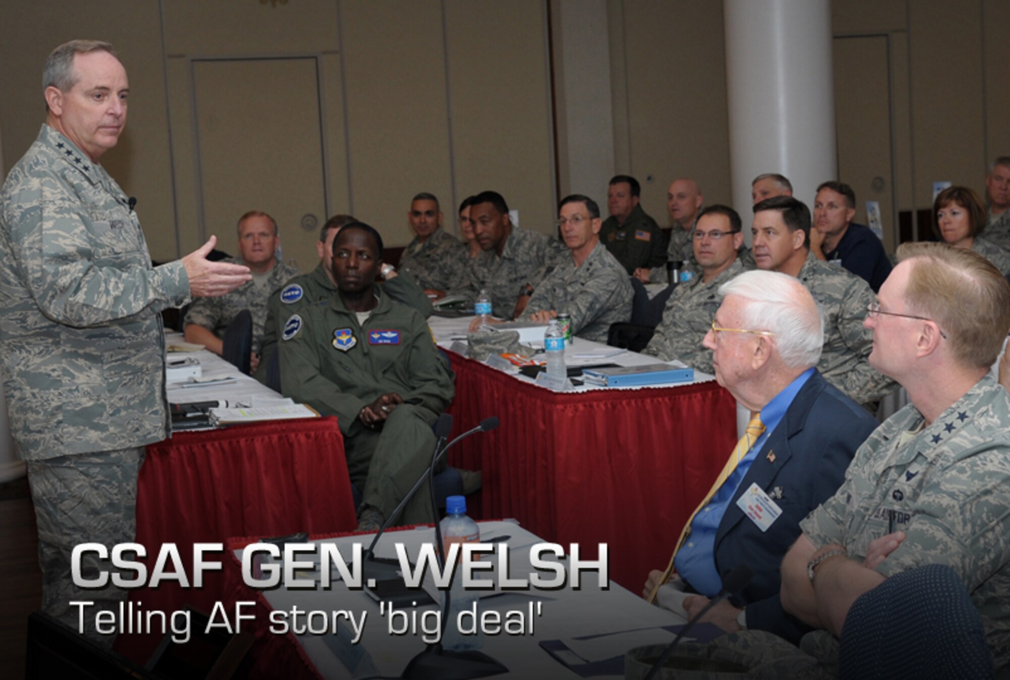 Air Force Chief of Staff Gen. Mark A. Welsh III speaks to Air Education and Training Command leaders during the AETC Senior Leader Conference Oct. 18, 2012. In addition to being a guest speaker at the conference, Welsh visited Basic Military Training at Joint Base San Antonio-Lackland and participated in a BMT graduation as the reviewing official. (U.S. Air Force photo/Joel Martinez)

