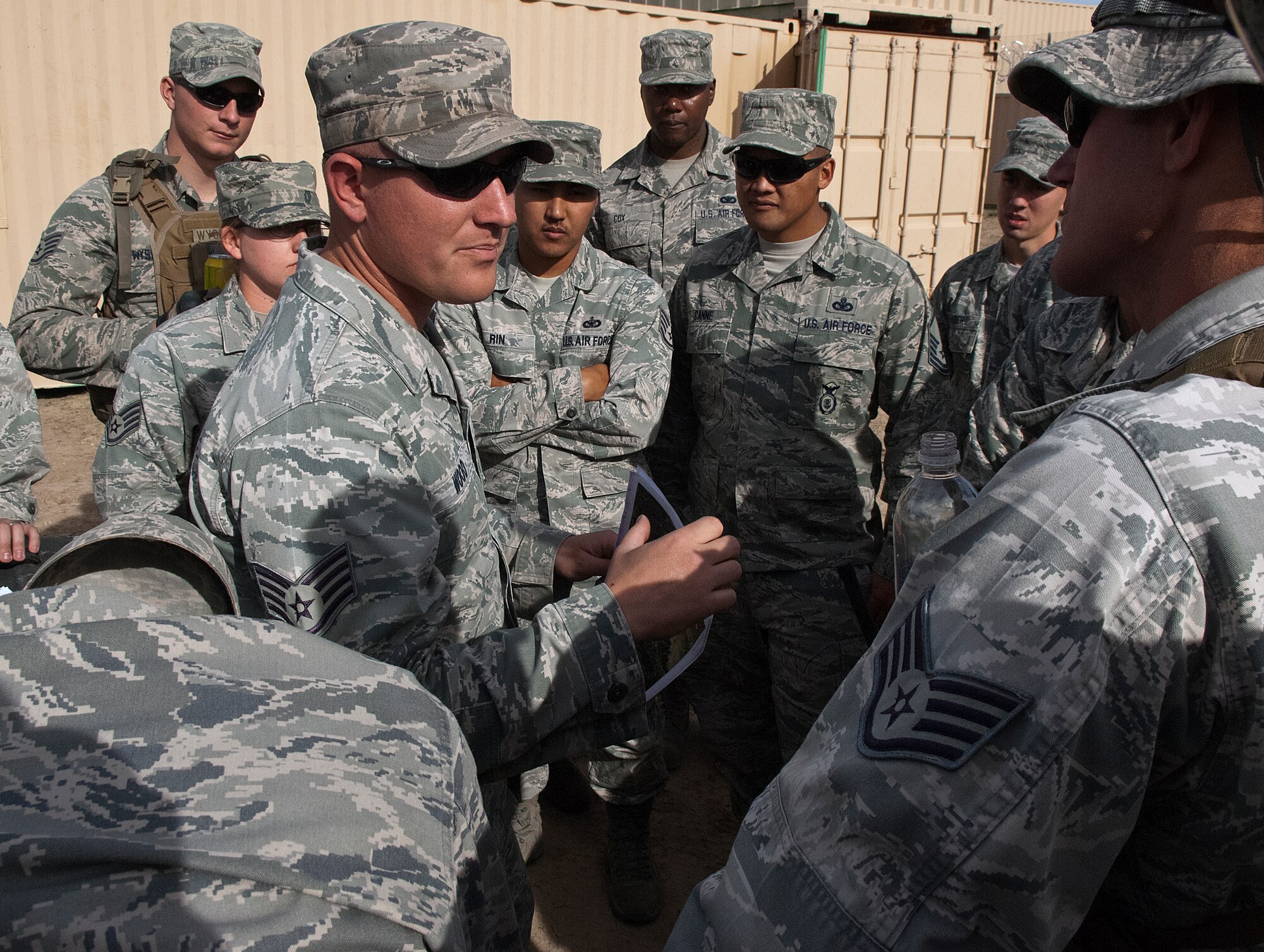 Staff Sgt. Ron Wood, 620th Ground Combat Training Squadron, briefs exercise controllers and observers prior to a training scenario during Road Warrior X a training exercise conducted by the 620th GCTS at Camp Guernsey, Wyo., Oct. 19. (U.S. Air Force photo by R.J. Oriez)