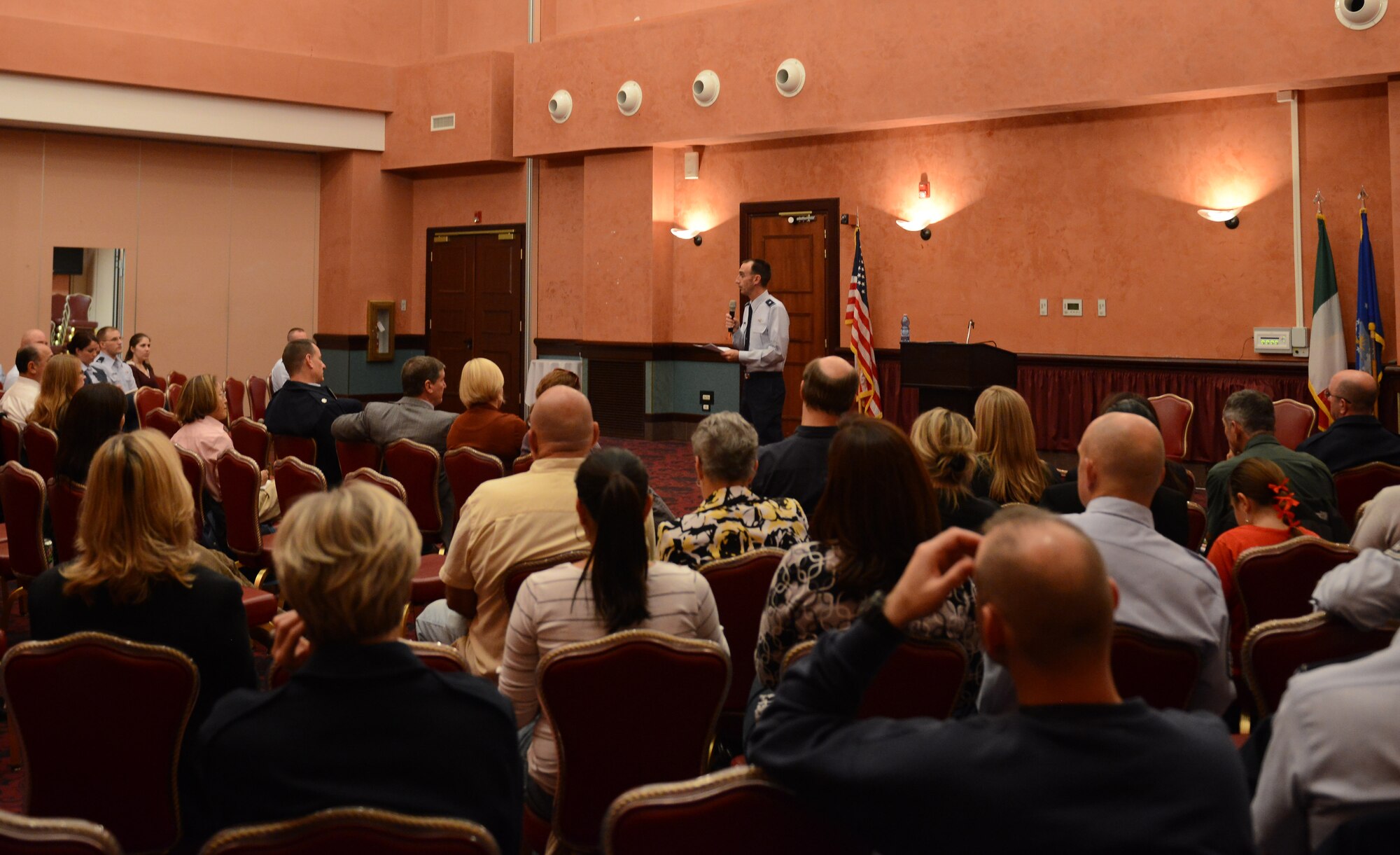 Brig. Gen. Scott Zobrist, 31st Fighter Wing commander, speaks during a town hall meeting Oct. 22 at the La Bella Vista Club, Aviano Air Base, Italy. During the town hall, the general spoke about upcoming quality-of-life improvements and fielded questions from the audience. (U.S. Air Force photo by Senior Airman Katherine Tereyama)