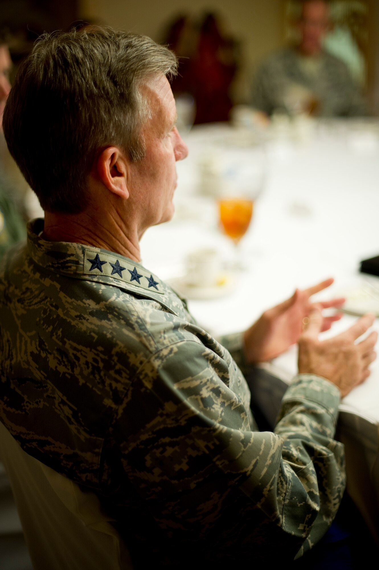 YOKOTA AIR BASE, Japan -- Gen. Herbert J. "Hawk" Carlisle, Pacific Air Forces commander, talks to U.S. Forces, Japan, and 5th Air Force leadership during lunch at Yokota Air Base, Japan, Oct. 23, 2012. This was Carlisle's first visit to Japan as the PACAF commander. (U.S. Air Force photo by Staff Sgt. Stacy Moless)