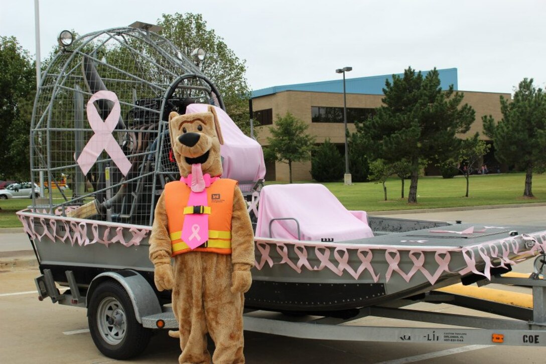 Bobber, aka D. J. Thompson, participated in the "Turn Tulsa Pink" event at Tulsa Technology Center, Peoria Campus, in mid October. Thompson, a three-plus-year volunteer, has donated more 4,000 hours to the Corps at Keystone Lake. According to Beth Cruzen, park ranger, "D.J. is a dedicated, talented, and valuable asset to the lake office."