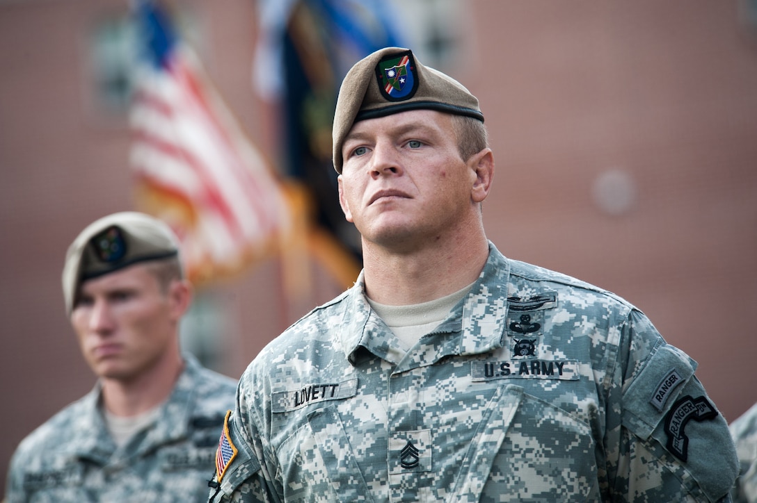 Army Sgt. 1st Class James Lovett stands in formation during an award ceremony hosted by Army Chief of Staff Gen. Ray Odierno on Hunter Army Airfield, Ga., Oct. 26, 2012. Lovett received a Joint Service Commendation medal with V device for valor during combat operations in Afghanistan. 
