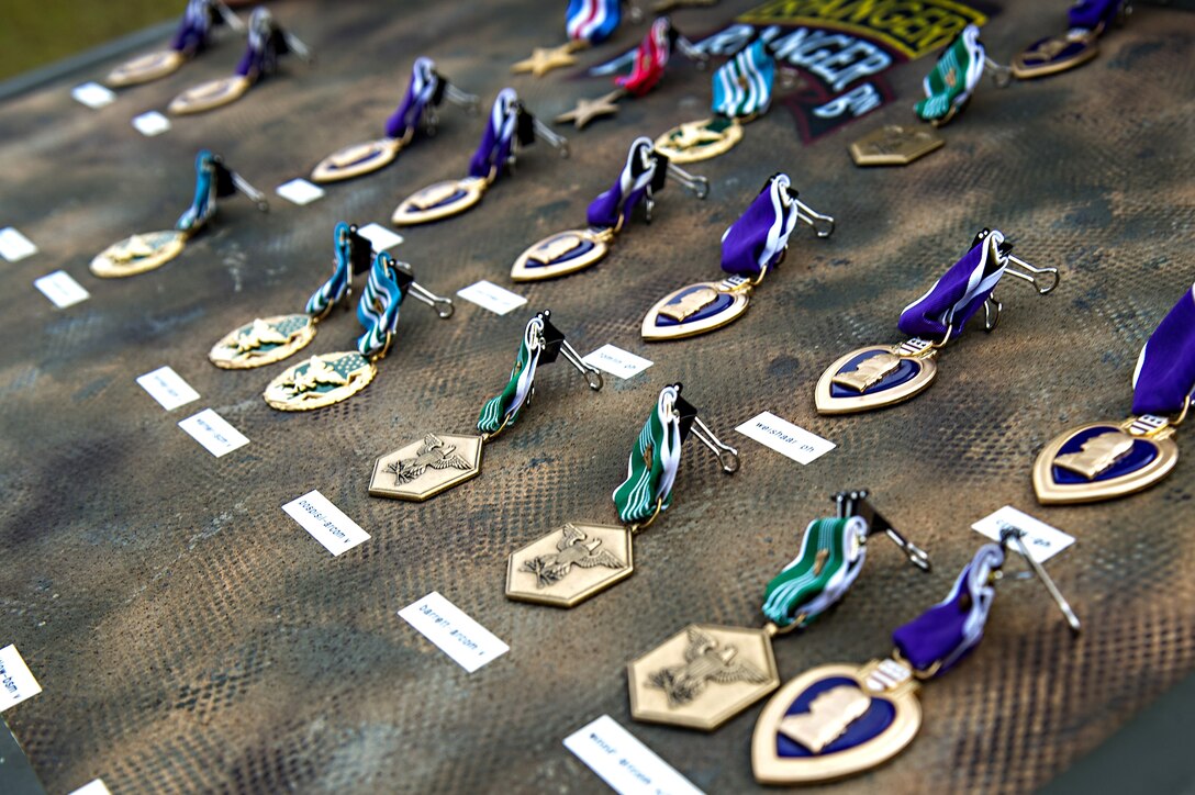 A tray displays medals for valor during an award ceremony hosted by Army Chief of Staff Gen. Ray Odierno for soldiers assigned to the 1st Battalion, 75th Ranger Regiment on Hunter Army Airfield, Ga., Oct. 26, 2012. Soldiers received one Distinguished Service Cross, three Silver Star medals, three Bronze Star medals, nine Joint Service Commendation medals with V device, three Army Commendation medals with V device and twelve Purple Heart medals during the ceremony. 