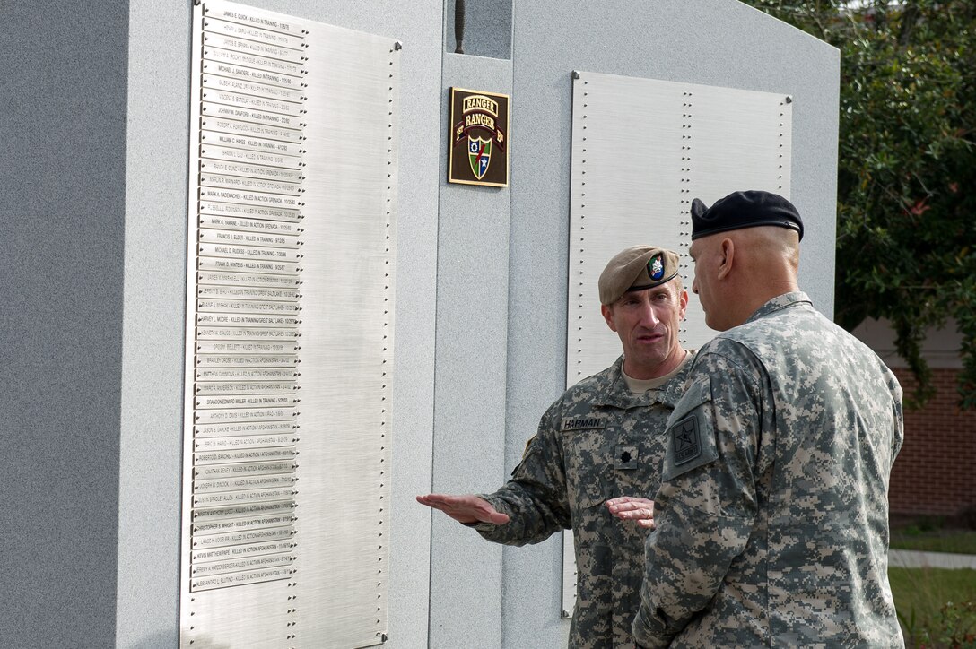 Army Lt. Col. Robert Harman, left, commander of the 1st Battalion, 75th Ranger Regiment, shows the battalion's Fallen Heroes Memorial to Army Chief of Staff Gen. Ray Odierno, right, during his visit to Hunter Army Airfield, Ga., Oct. 26, 2012. 