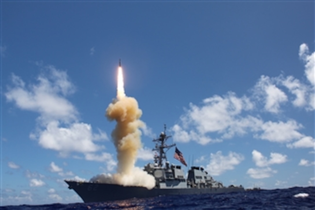 The guided-missile destroyer USS Fitzgerald (DDG 62) launches a Standard Missile-3 as part of a joint ballistic missile defense exercise in the Pacific Ocean on Oct. 25, 2012.   