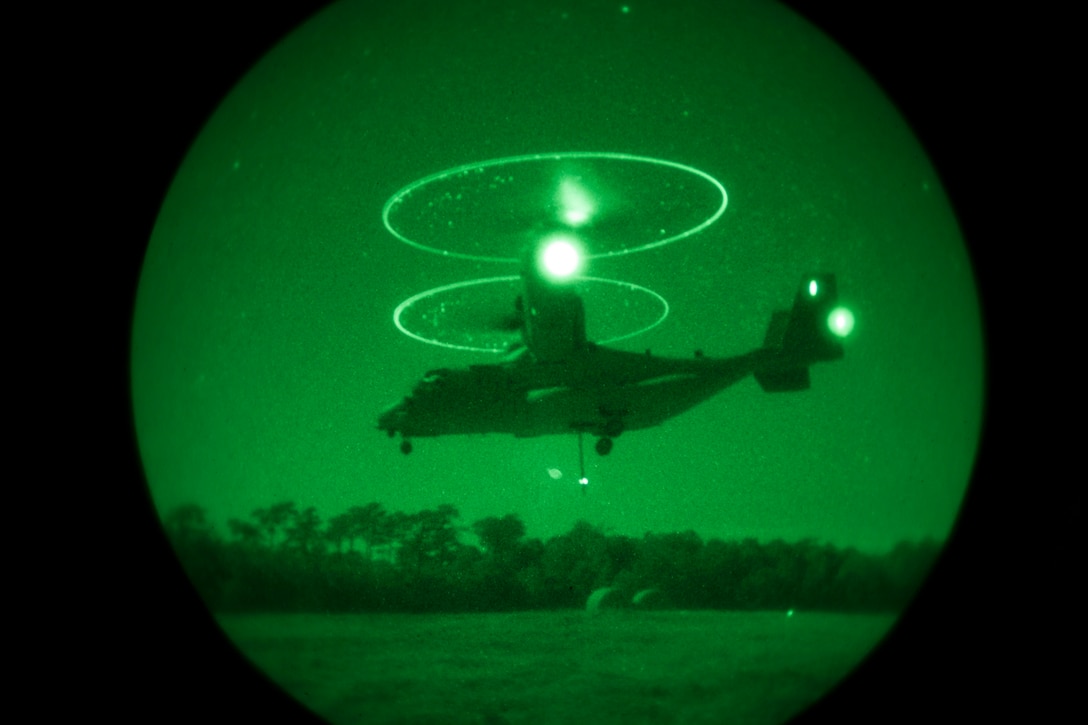 Pilots flying an MV-22B Osprey from Marine Medium Tiltrotor Squadron (VMM) 266 Reinforced, 26th Marine Expeditionary Unit (MEU), conduct practice runs to familiarize themselves with the area before initiating training at Camp Lejeune, N.C., Oct. 23, 2012. The squadron conducted helicopter suspension training lifting a 500 gallon water tank. This training is part of the 26th MEU’s pre-deployment training program. VMM-266 is one of the three reinforcements of 26th MEU, which is slated to deploy in 2013.